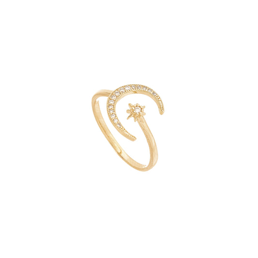 Anel lua e estrela com zircônias banhado a ouro 18k