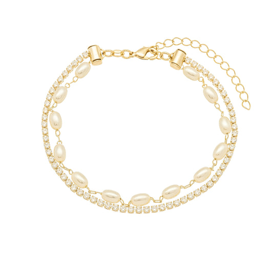 Pulseira dupla com pérolas e zircônias banhada a ouro 18k - Biju & Cia.