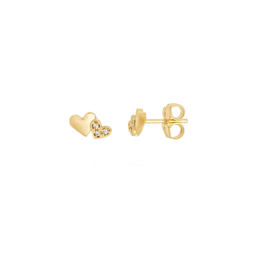 Brinco de 2 corações com zircônia banhado a ouro 18k - Biju & Cia.