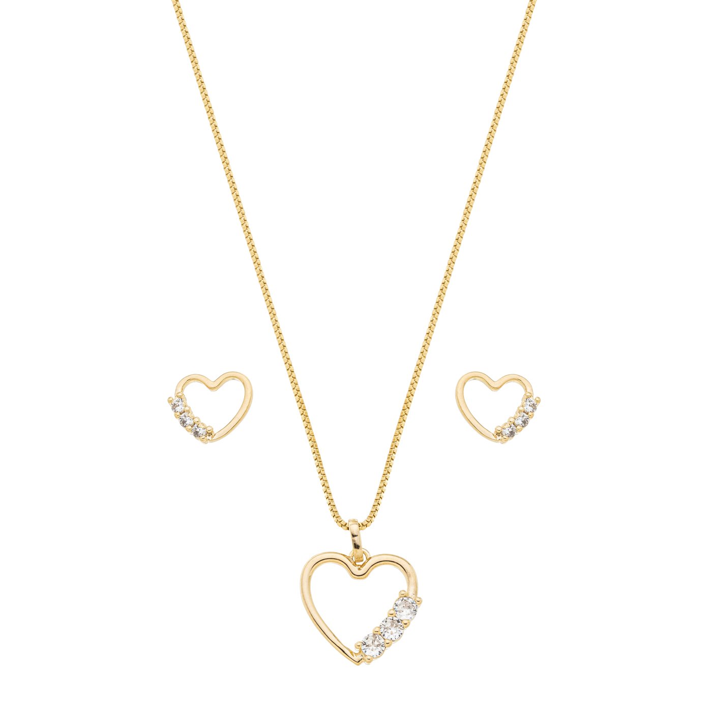 Conjunto coração com zircônias banhado a ouro 18k