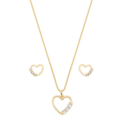 Conjunto coração com zircônias banhado a ouro 18k