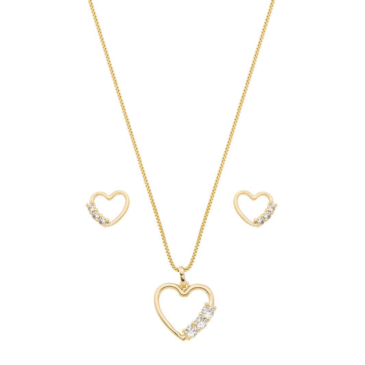 Conjunto coração com zircônias banhado a ouro 18k