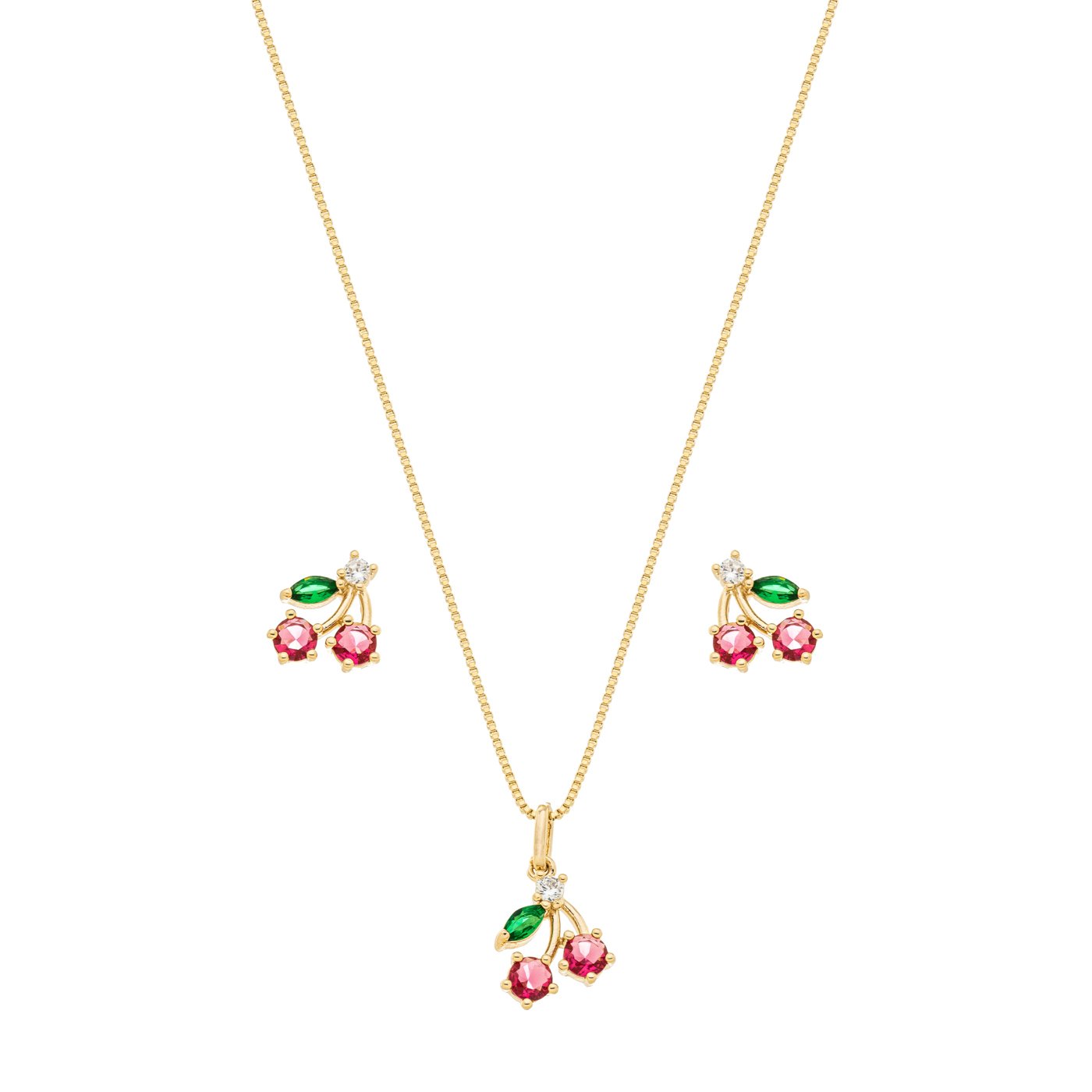 Conjunto cereja com zircônias banhado a ouro 18k