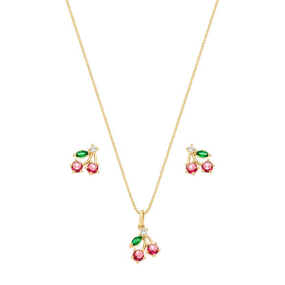 Conjunto cereja com zircônias banhado a ouro 18k