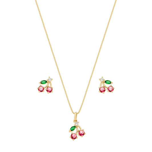 Conjunto cereja com zircônias banhado a ouro 18k