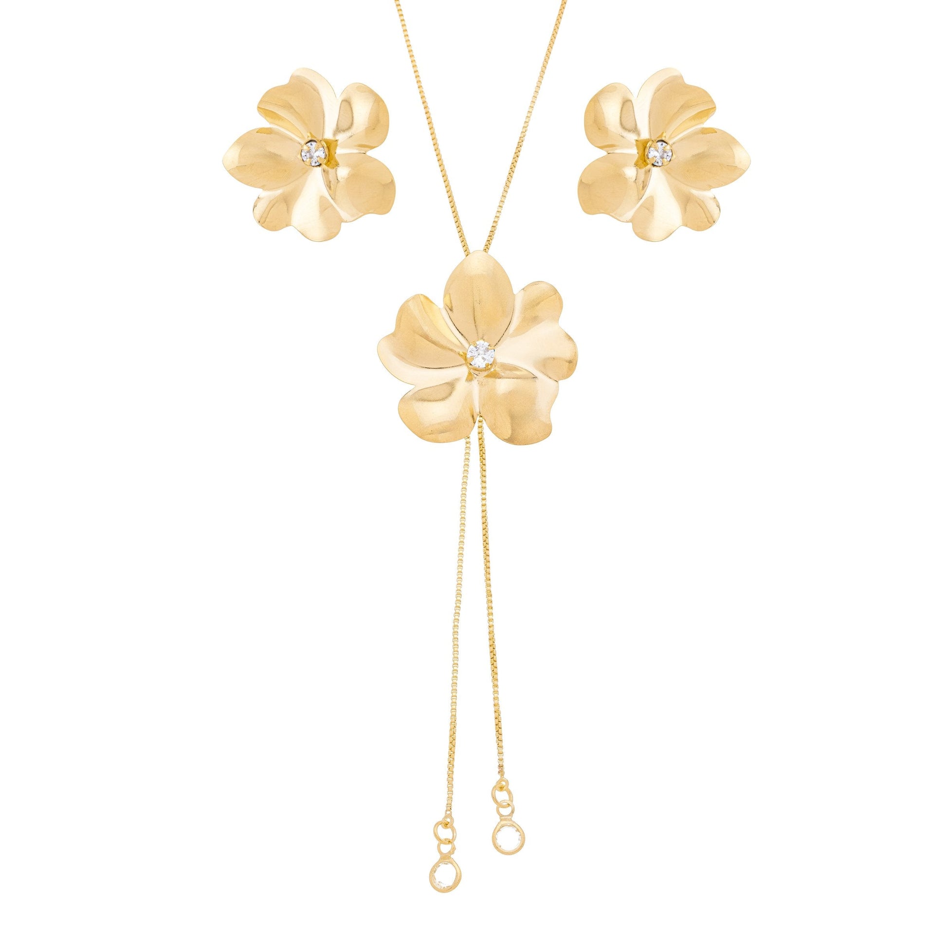 Conjunto de flor com pedra no meio banhado a ouro 18k - Biju & Cia.