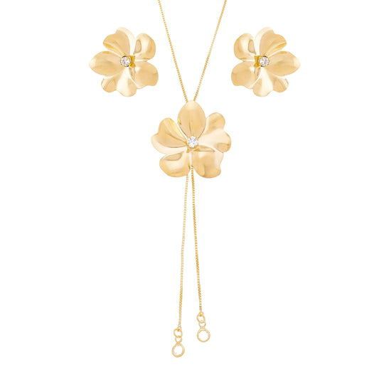 Conjunto de flor com pedra no meio banhado a ouro 18k - Biju & Cia.