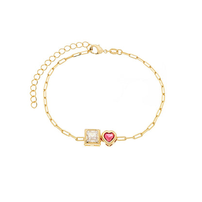 Pulseira com coração e quadrado com pedras banhada a ouro 18k - Biju & Cia.