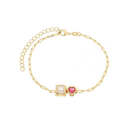 Pulseira com coração e quadrado com pedras banhada a ouro 18k - Biju & Cia.