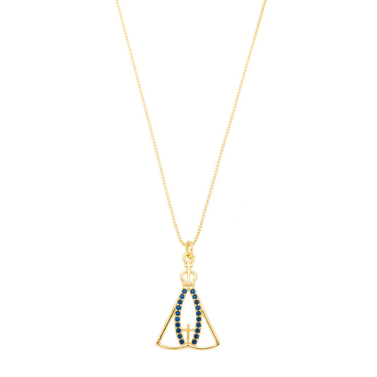 Gargantilha de Nossa Senhora de Aparecida com zircônias azuis banhada a ouro 18k - Biju & Cia.
