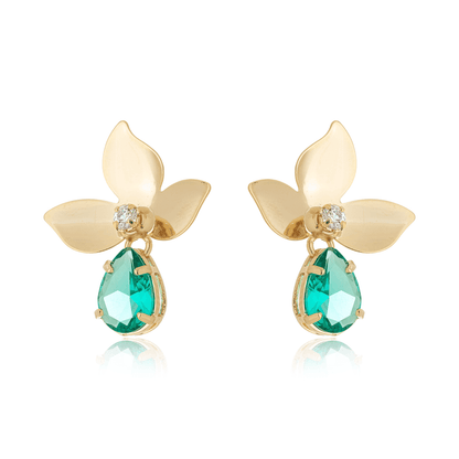 Brinco de flor com pedra banhado a ouro 18k - Biju & Cia.