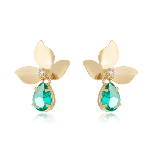 Brinco de flor com pedra banhado a ouro 18k - Biju & Cia.