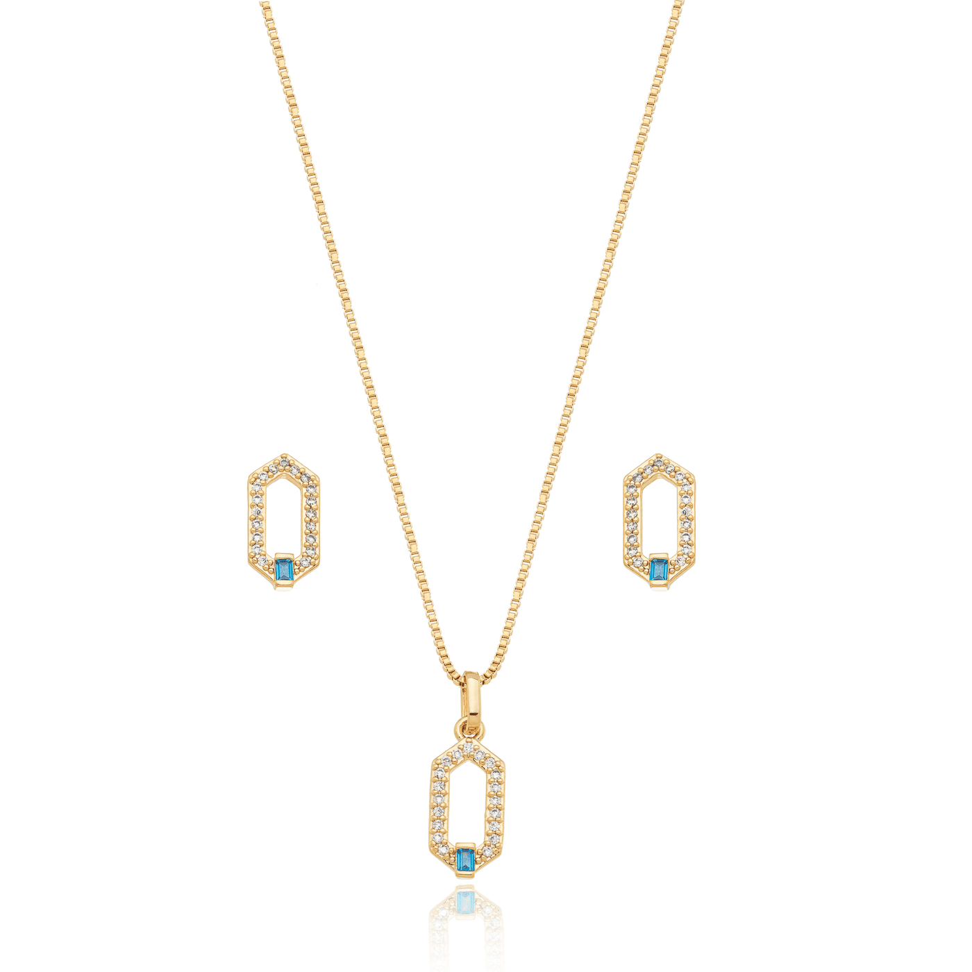 Conjunto de brinco e gargantilha hexagonal com zircônias banhado a ouro 18k