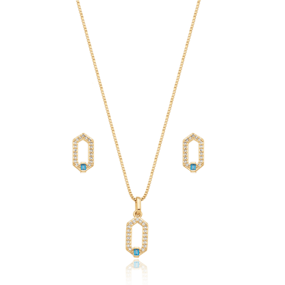 Conjunto de brinco e gargantilha hexagonal com zircônias banhado a ouro 18k