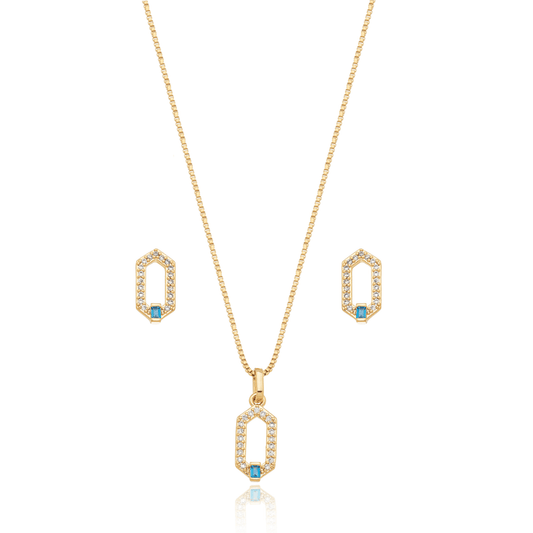 Conjunto de brinco e gargantilha hexagonal com zircônias banhado a ouro 18k