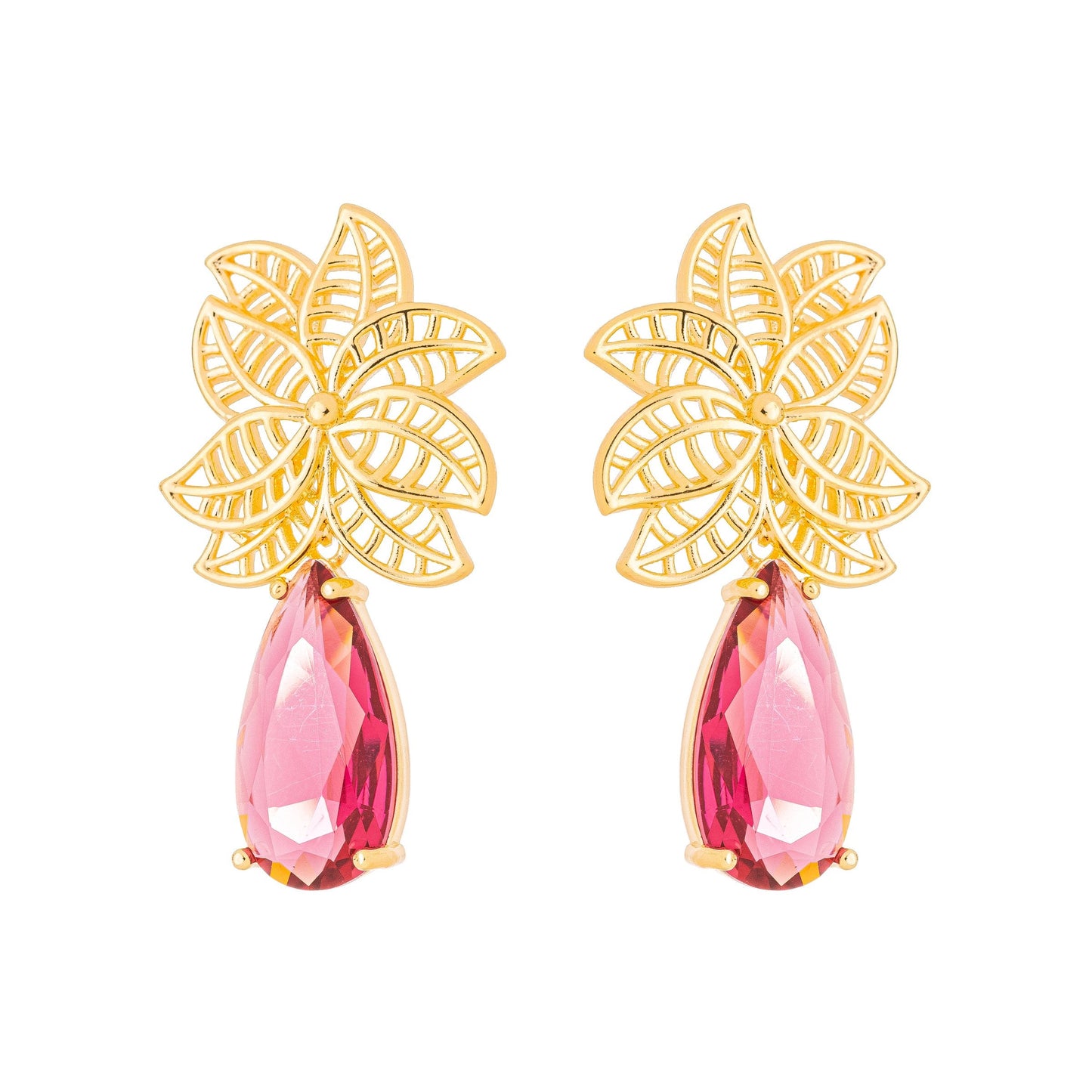 Brinco de flor com pedra banhado a ouro 18k - Biju & Cia.