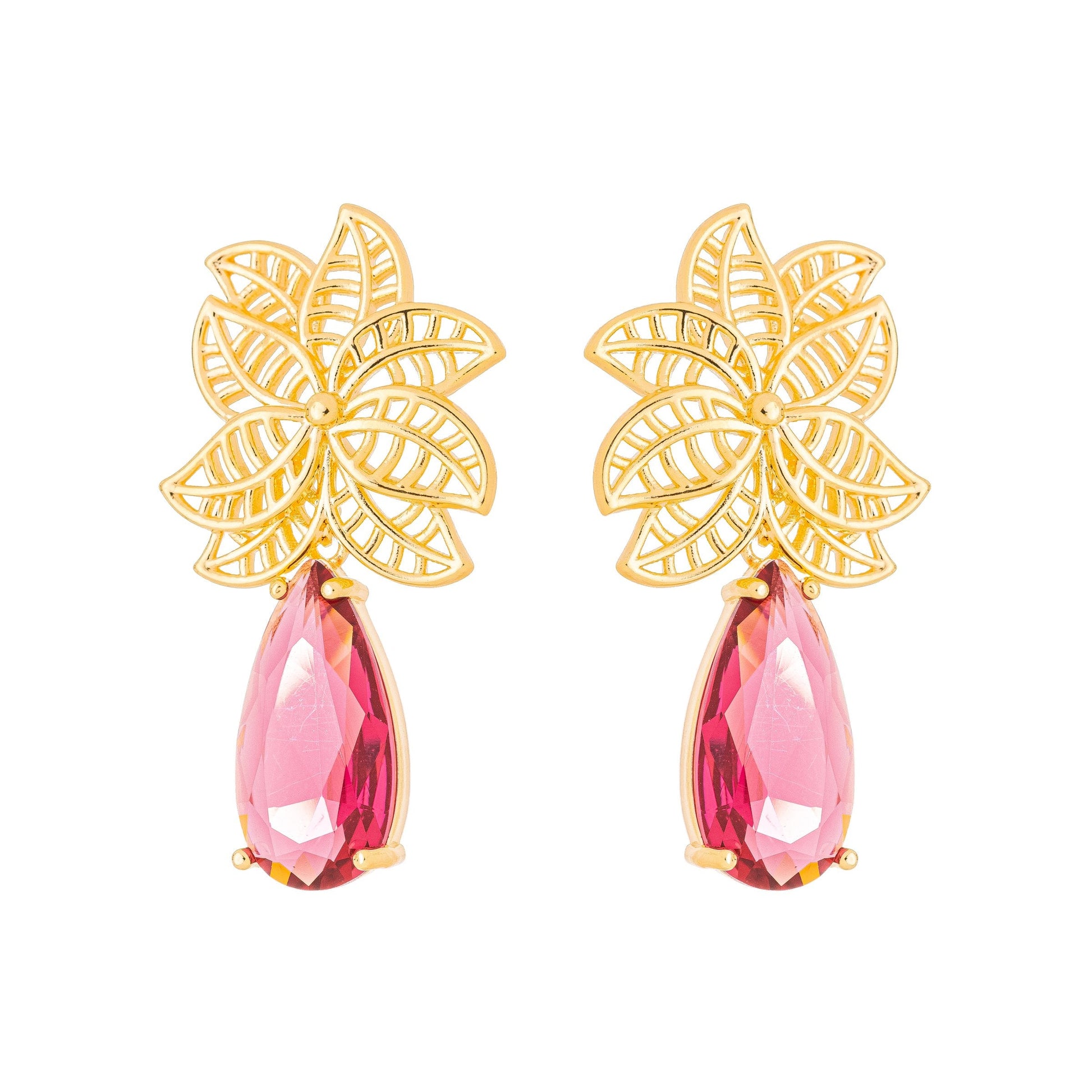 Brinco de flor com pedra banhado a ouro 18k - Biju & Cia.