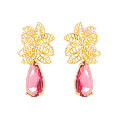 Brinco de flor com pedra banhado a ouro 18k - Biju & Cia.