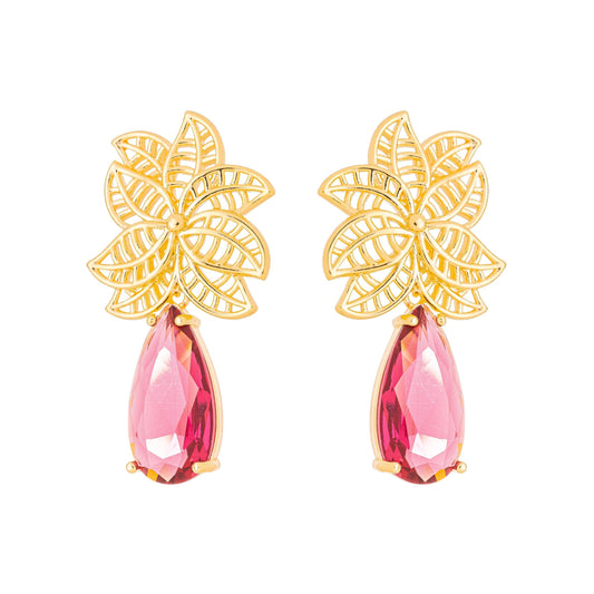 Brinco de flor com pedra banhado a ouro 18k - Biju & Cia.