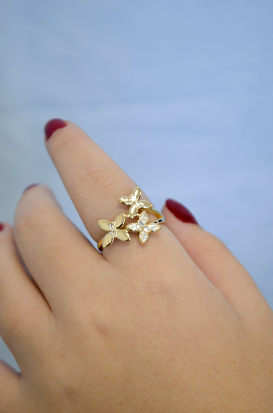 Anel borboletas banhado a ouro 18k