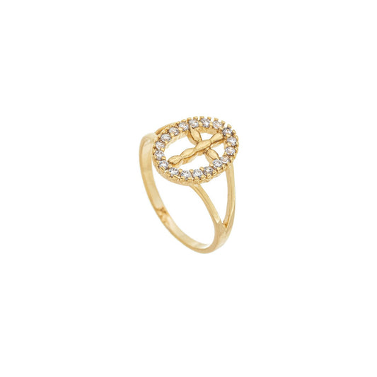 Anel oval com cruz e zircônias banhado a ouro 18k - Biju & Cia.
