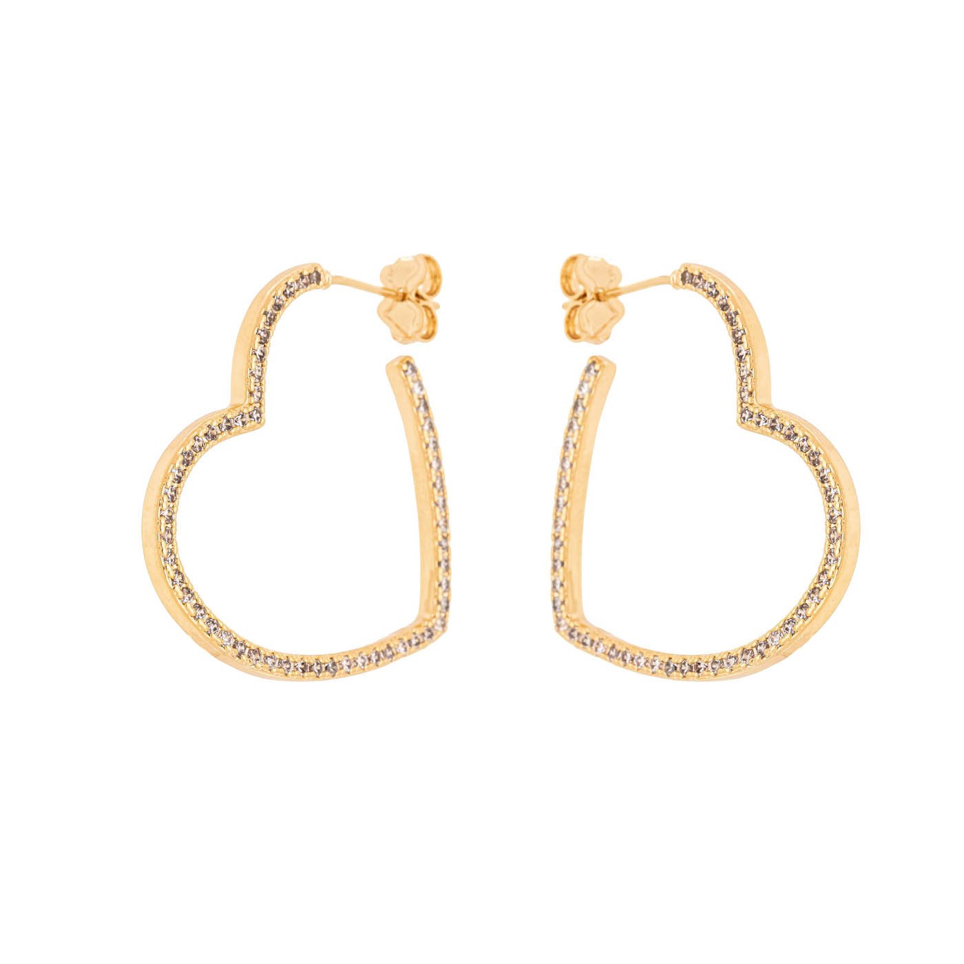 Brinco de argola em formato de coração com zircônias banhado a ouro 18k - Biju & Cia.