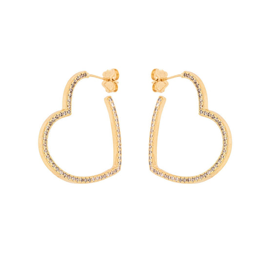 Brinco de argola em formato de coração com zircônias banhado a ouro 18k - Biju & Cia.