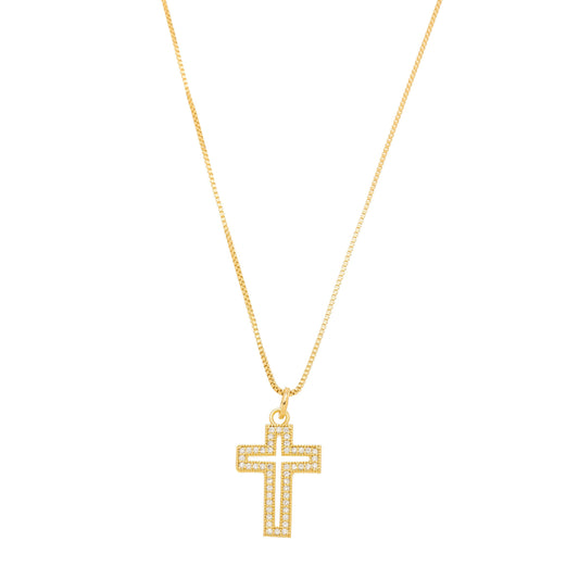 Gargantilha com pingente de cruz cravejada banhada a ouro 18k - Biju & Cia.