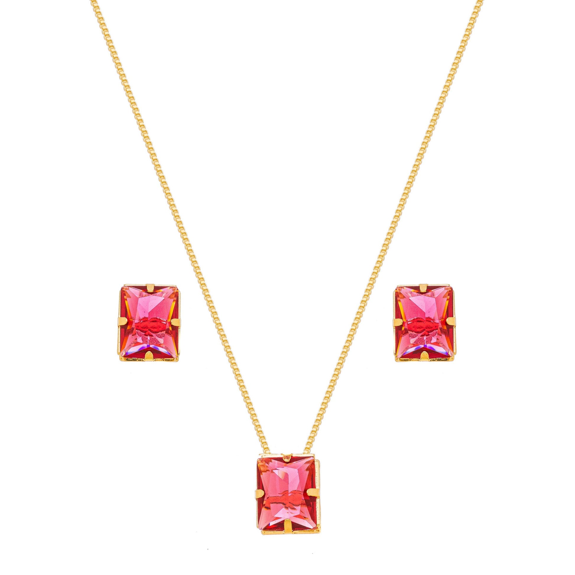 Conjunto retangular com pedra banhado a ouro 18k - Biju & Cia.