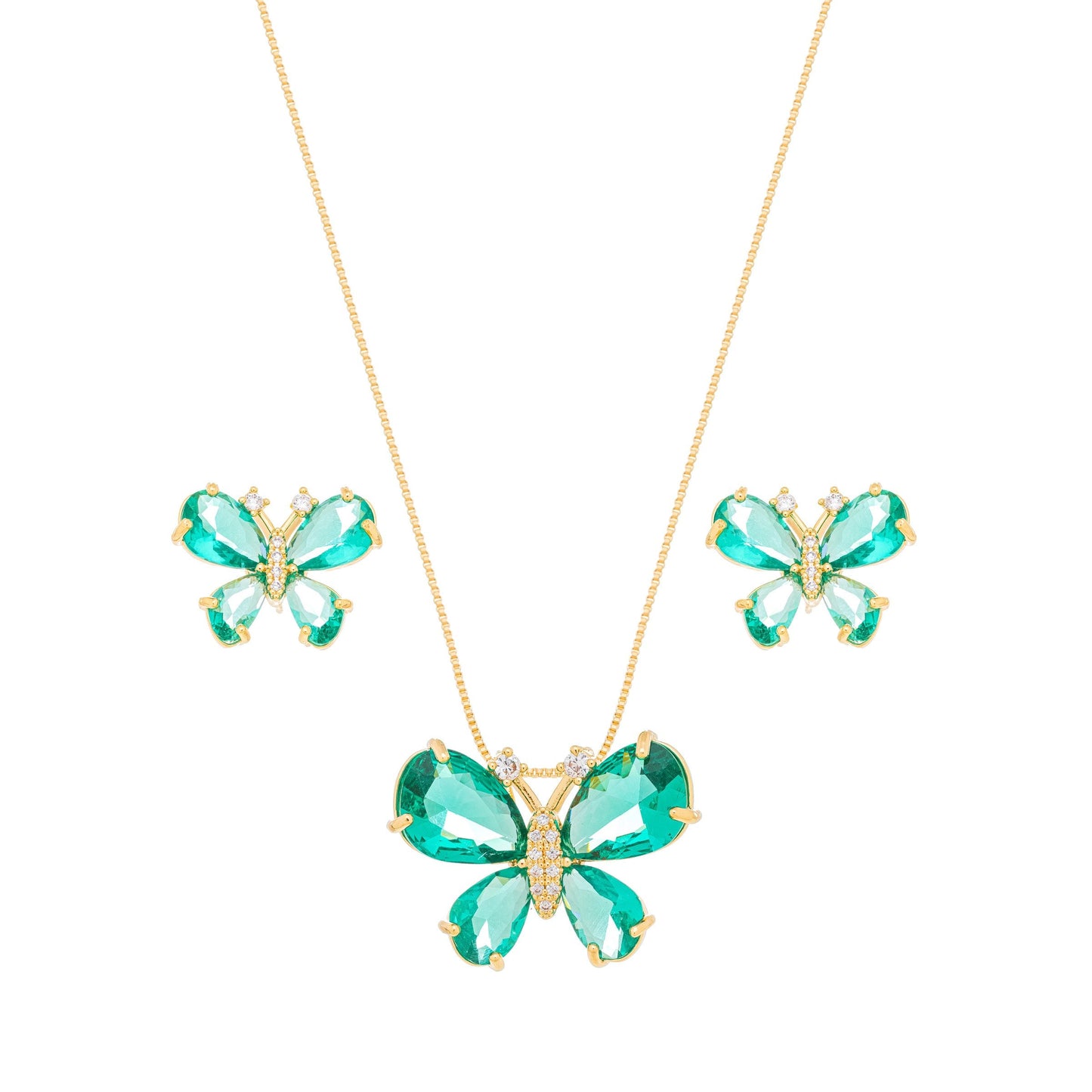 Conjunto borboleta com pedras e zircônia banhado a ouro 18k - Biju & Cia.