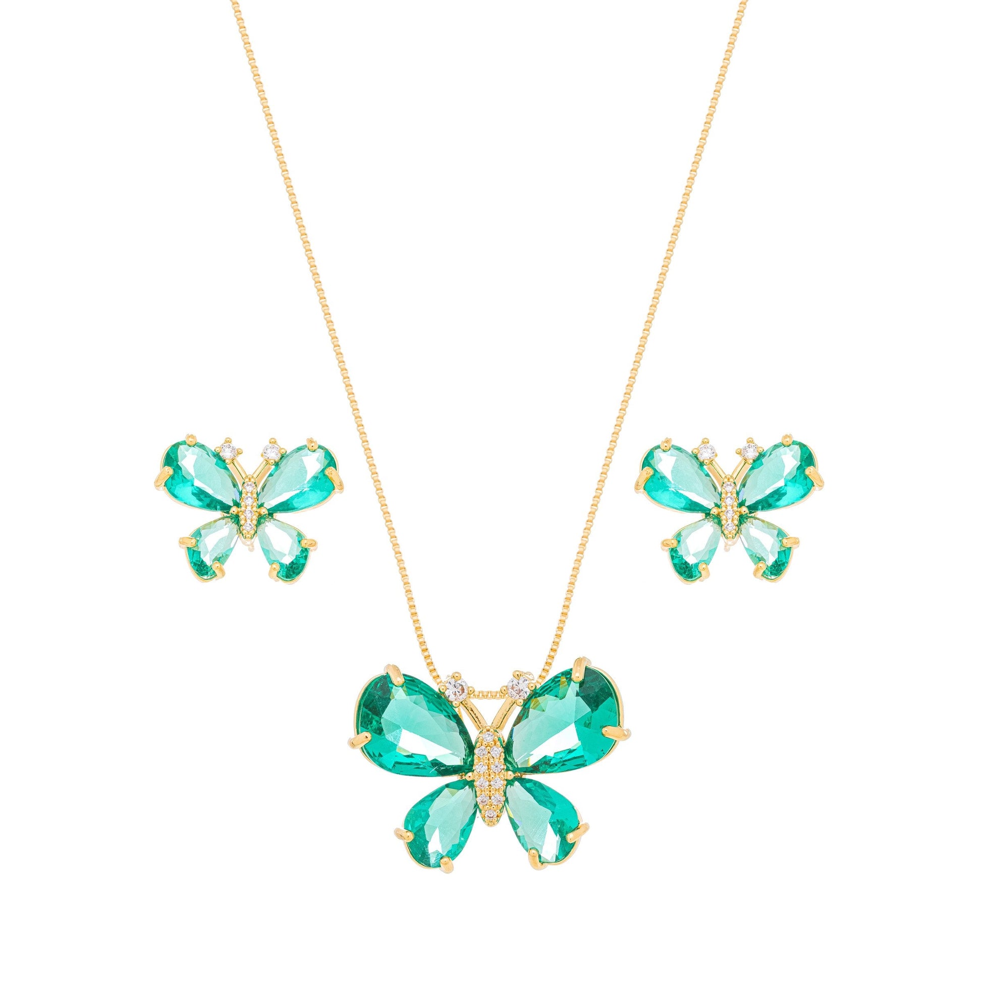 Conjunto borboleta com pedras e zircônia banhado a ouro 18k - Biju & Cia.