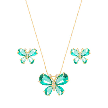 Conjunto borboleta com pedras e zircônia banhado a ouro 18k - Biju & Cia.