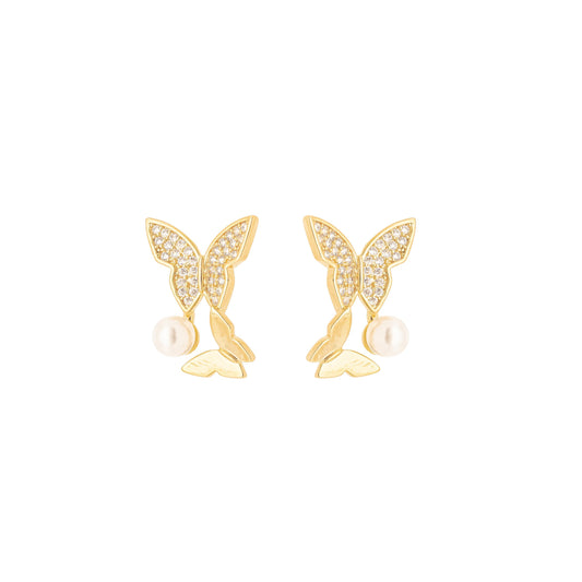 Brinco borboleta com pérola e zircônias banhado a ouro 18k - Biju & Cia.