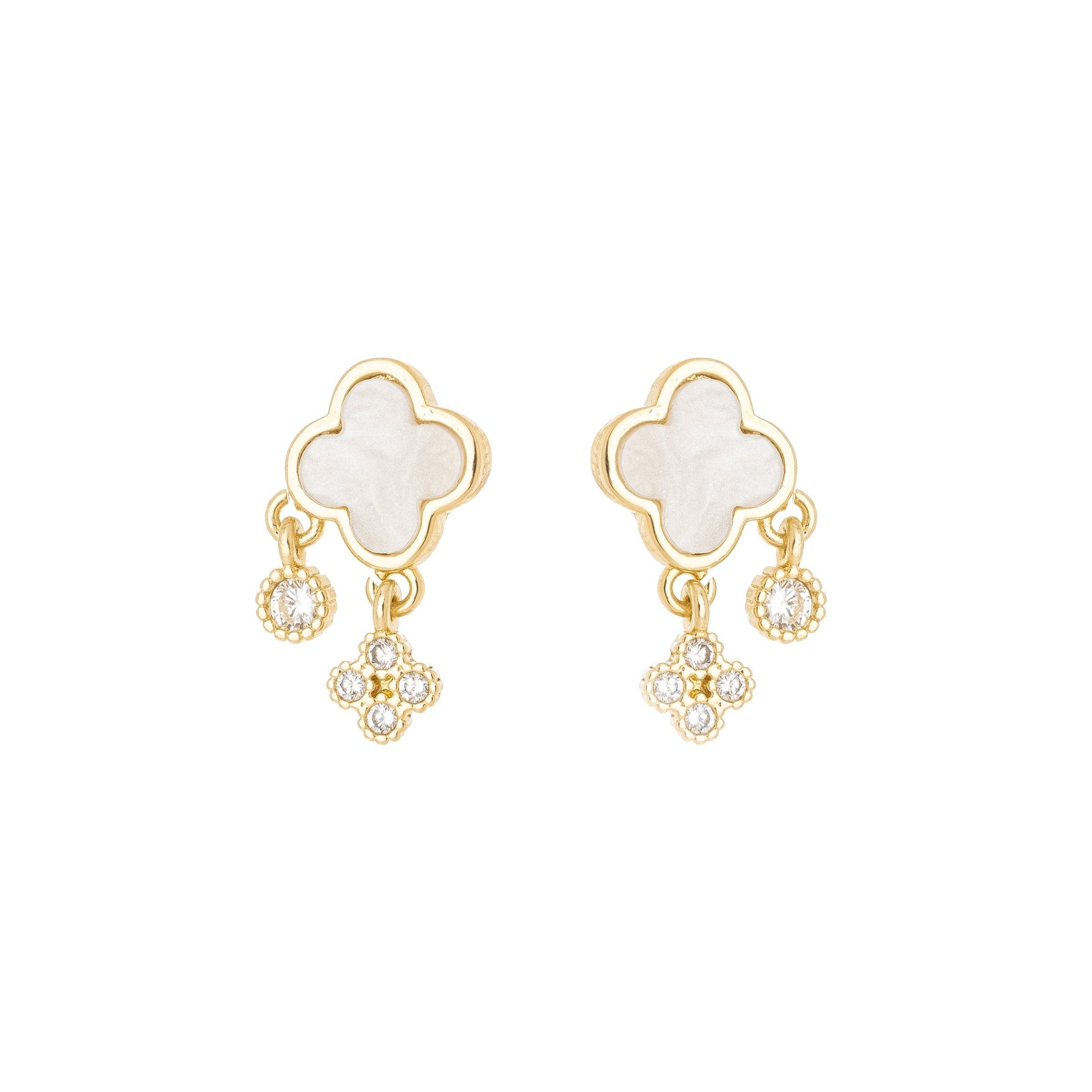 Brinco com trevo com madre pérola e zircônias banhado a ouro 18k - Biju & Cia.
