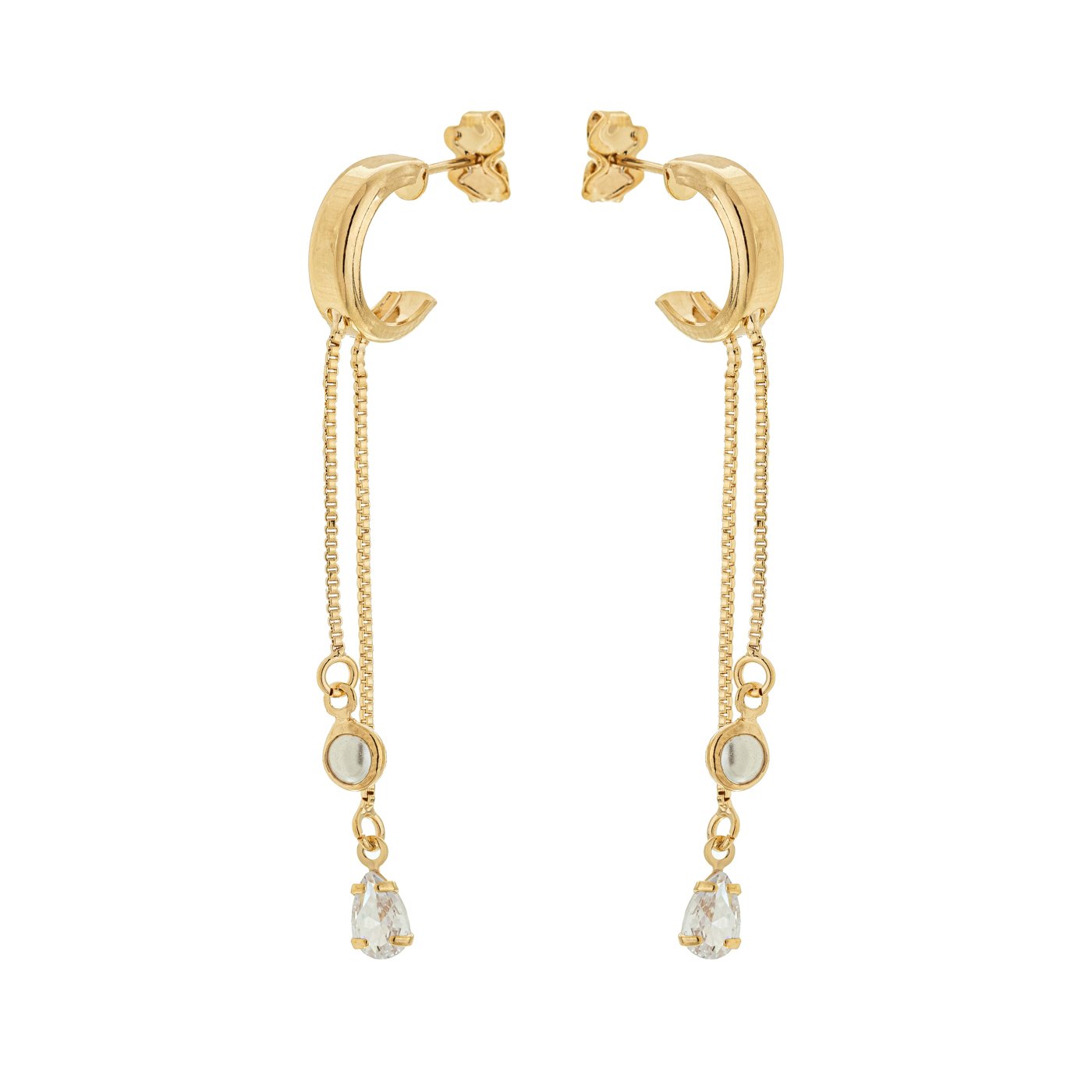 Argola com corrente e pingente de pérola e zircônia banhada a ouro 18k