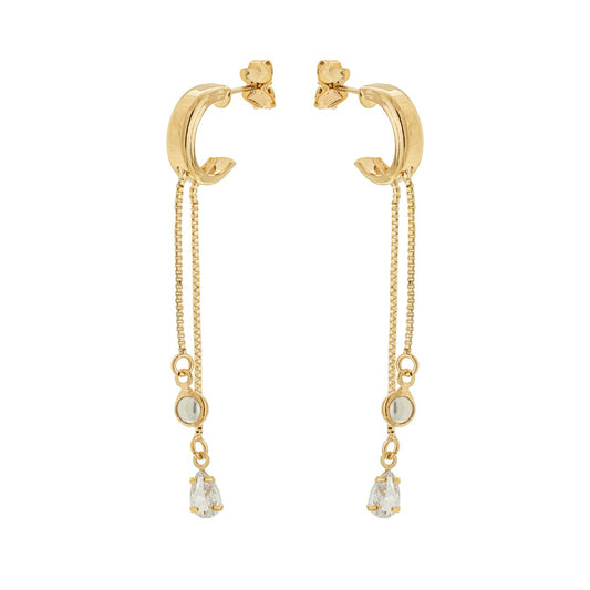 Argola com corrente e pingente de pérola e zircônia banhada a ouro 18k