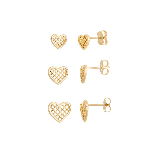 Trio de brincos de corações vazados banhado a ouro 18k