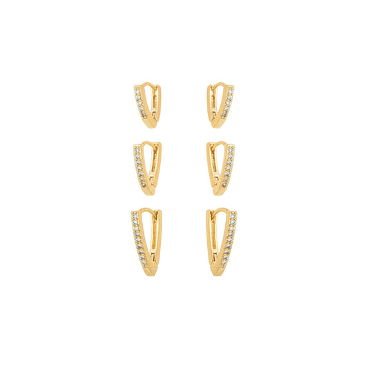 Trio de argolinhas triangulo com zircônias banhado a ouro 18k