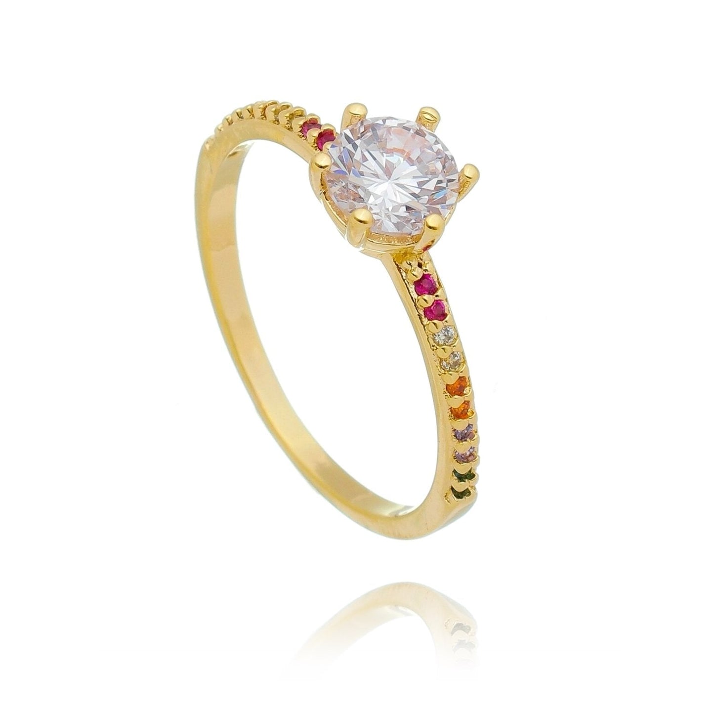 Anel solitário com zircônias coloridas banhado a ouro 18k - Biju & Cia.
