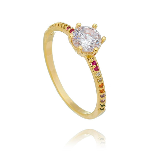 Anel solitário com zircônias coloridas banhado a ouro 18k - Biju & Cia.
