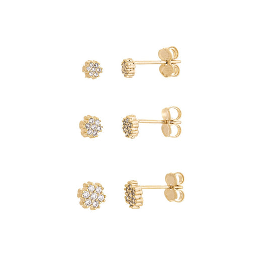 Trio de brincos com zircônias banhada a ouro 18k