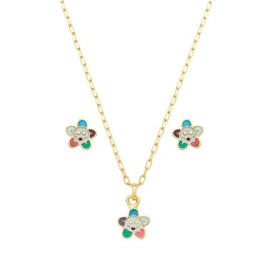 Conjunto flor com resina banhada a ouro 18k - Biju & Cia.