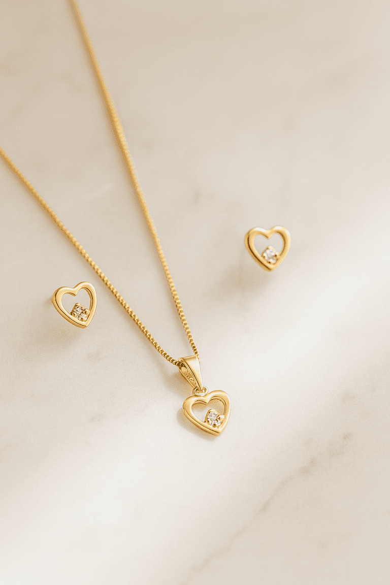 Conjunto coração com pedra banhado a ouro 18k