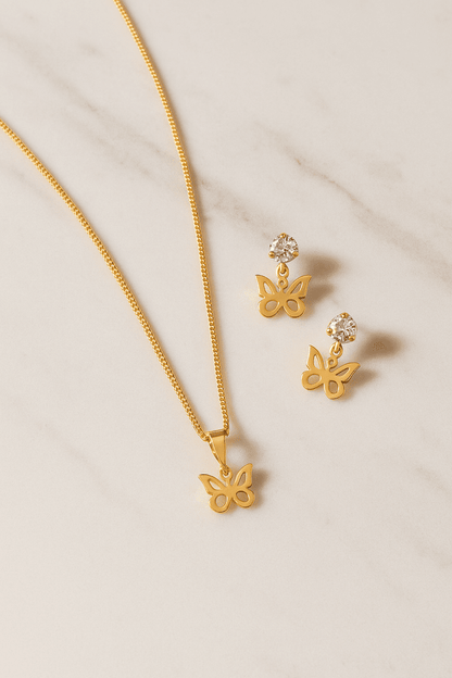 Conjunto borboleta com pedra banhado a ouro 18k