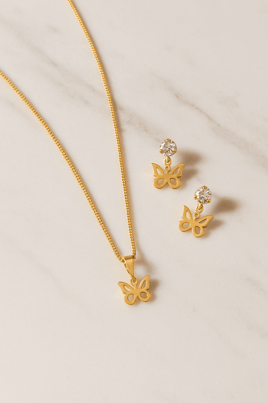 Conjunto borboleta com pedra banhado a ouro 18k