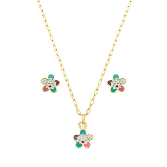 Conjunto flor com resina banhada a ouro 18k - Biju & Cia.