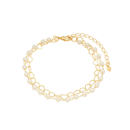 Pulseira dupla com pérolas e corações banhada a ouro 18k