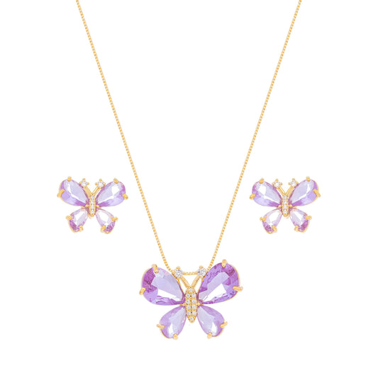 Conjunto borboleta com pedras e zircônia banhado a ouro 18k - Biju & Cia.