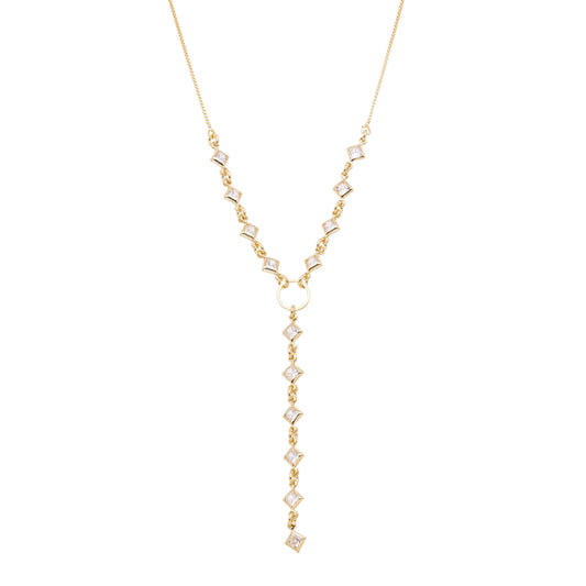Colar gravata com losangos de zircônias banhado a ouro 18k - Biju & Cia.