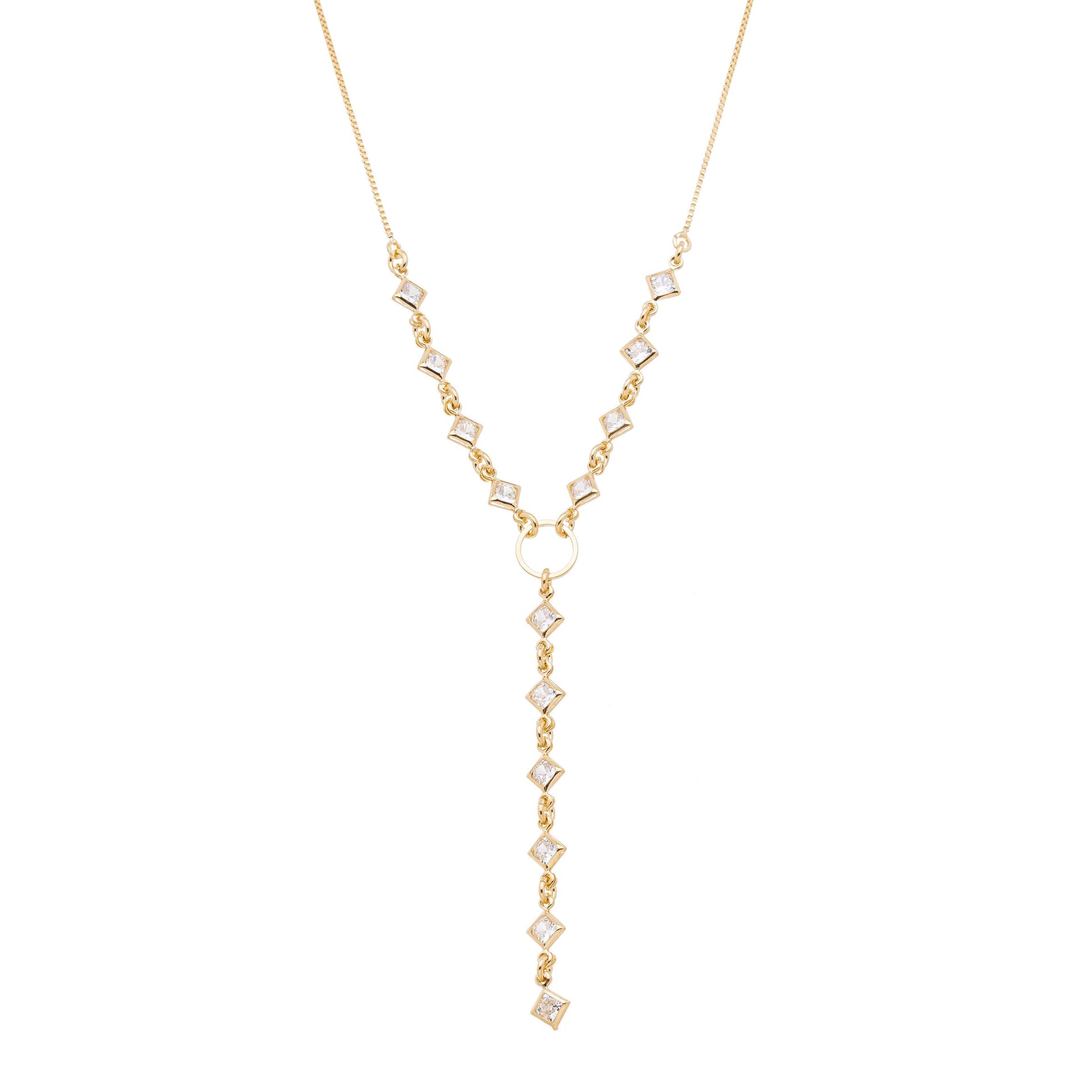 Colar gravata com losangos de zircônias banhado a ouro 18k - Biju & Cia.